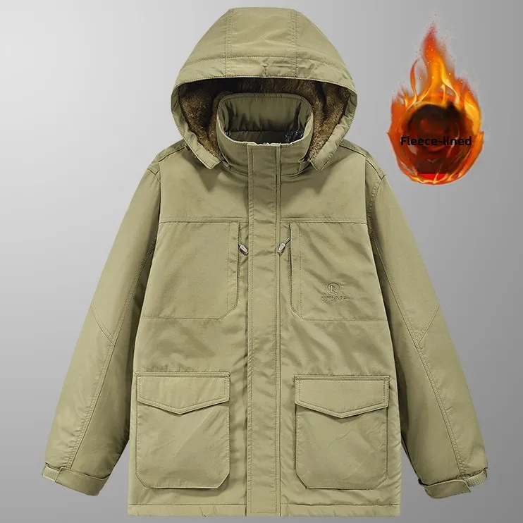 

Thiened Fce Lined Cotton Jaet Men's Winter Outdoor Workwear Loose Fit Windproof Trousers Pure Color Zipper Closure