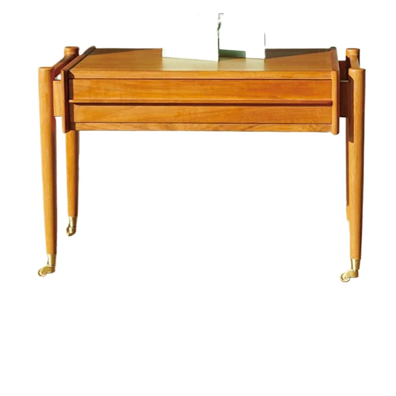 Coffee table sofa side table, movable solid wood medieval teak bedside table, solid wood trolley with wheels