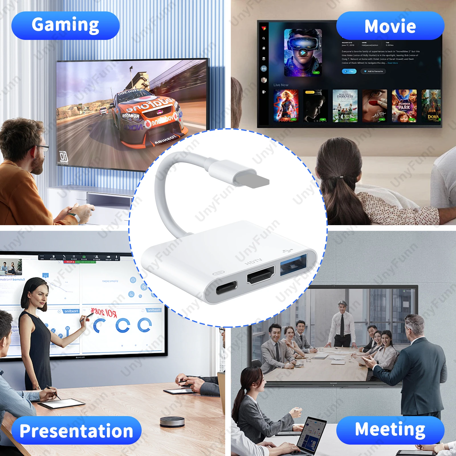 3in1 HDTV Adapter for iPhone with Charging Port iPhone to HDTV OTG Adapter to TV Monitor Projector USB Drive MIDI Keyboard Mouse