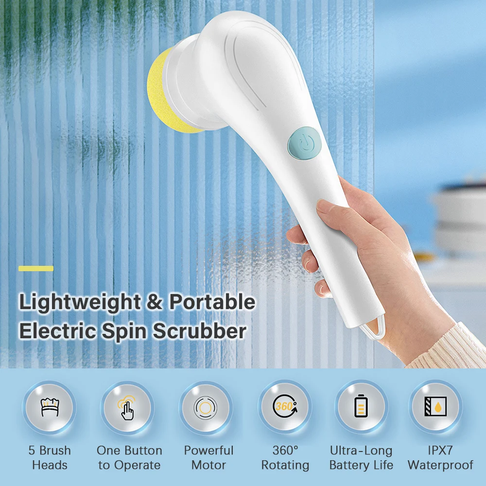 Electric Spin Scrubber Multifunctional Cleaning Brush with 5 heads Cordless Handheld for Kitchen Bathroom Wall Window Tile Floor