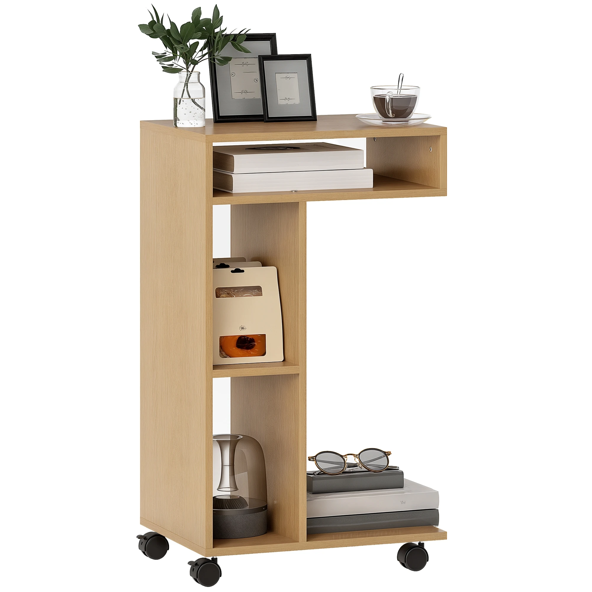 Mesa Auxiliar para Sofá Mesa Auxiliar en Forma de C con Ruedas Compartimentos Abiertos 40x30x69 cm