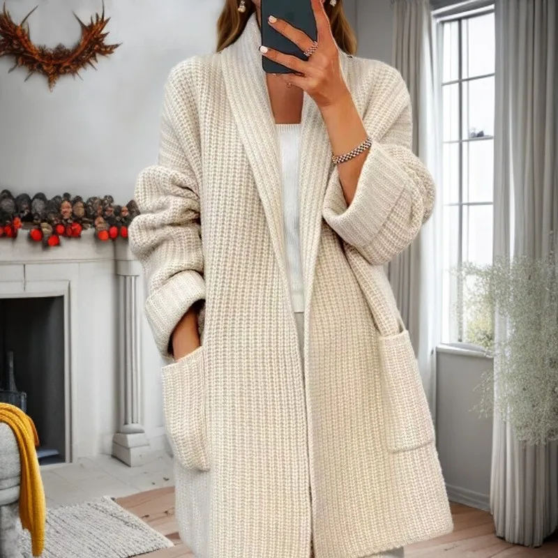

Casual knitted V-neck pocket loose long sleeved sweater cardigan for autumn and winter women's fashionable and elegant long coat