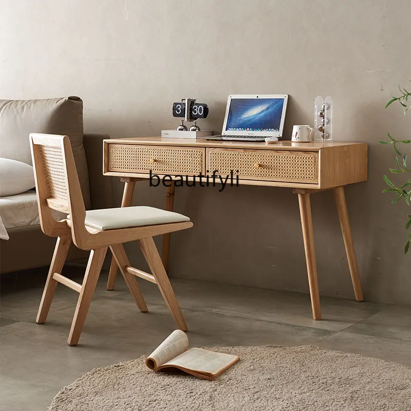 Rattan Solid Wood Desk Chair Combination Simple Japanese Small Apartment Computer Desk White Wax Calligraphy Table