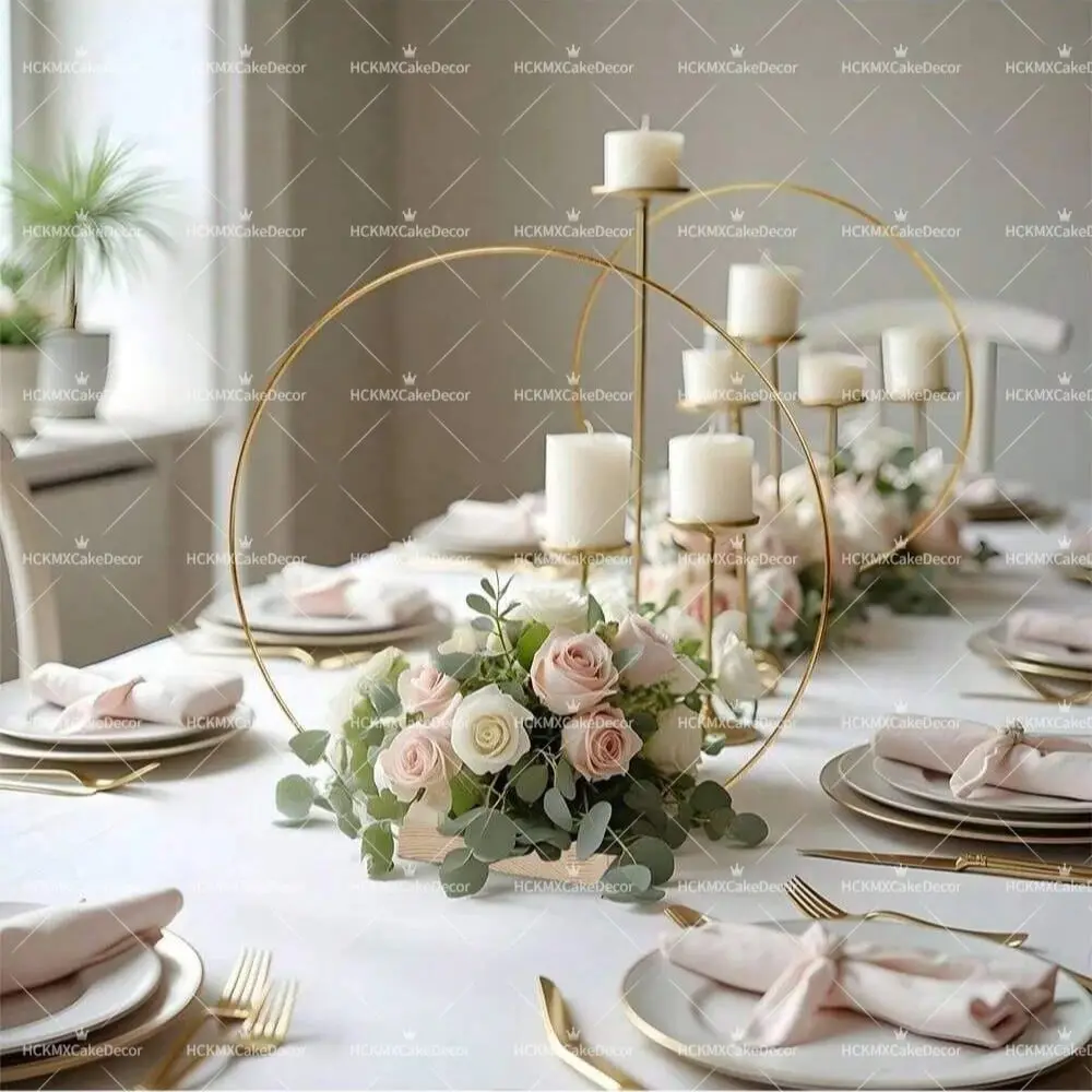 5pcs Gold Wire Floral Hoop with Wooden Base DIY Wedding Table Centerpiece Decor Round/Hexagon Flower Hoop Stand