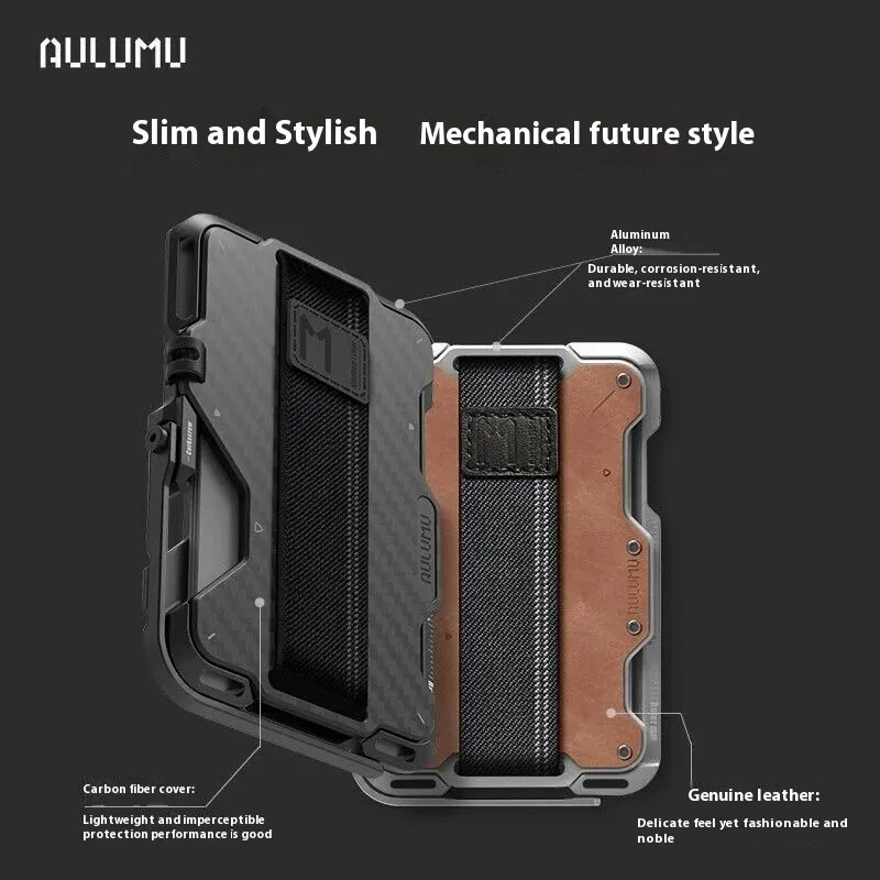 Aulumu G03 محفظة مغناطيسية من الجلد الطبيعي/ألياف الكربون: 6 في 1 حامل بطاقات متعدد الاستخدامات حامل قبضة فتاحة الزجاجات RFID Shield Cutom