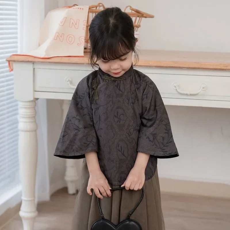 Retro Khaki Stand Collar Plate Buckle Long Sleeved Top Lace Skirt Chinese Traditional Tang Suit for Girls Kawaii Children's Suit