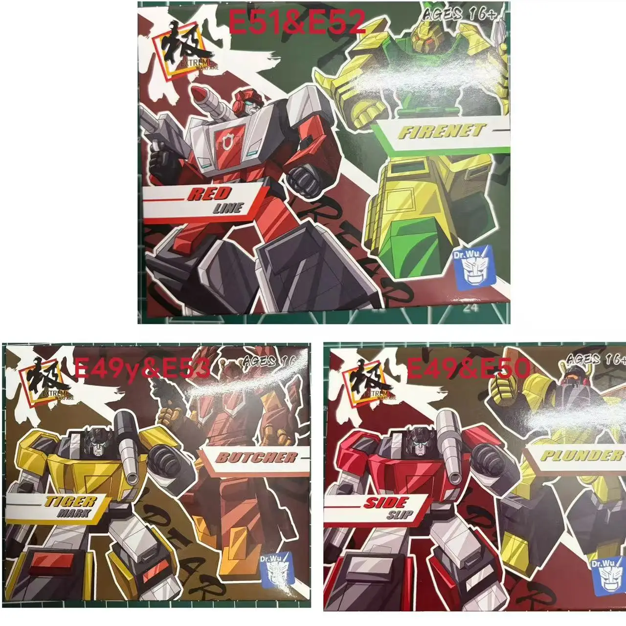 Figuras de Acción de Transformers: Dr. Wu, Sideswipe, Ransack, Sunstreaker, Shrapnel, Red Alert, Bombshell, DW E49, E50, E51, E52, E53, E49Y