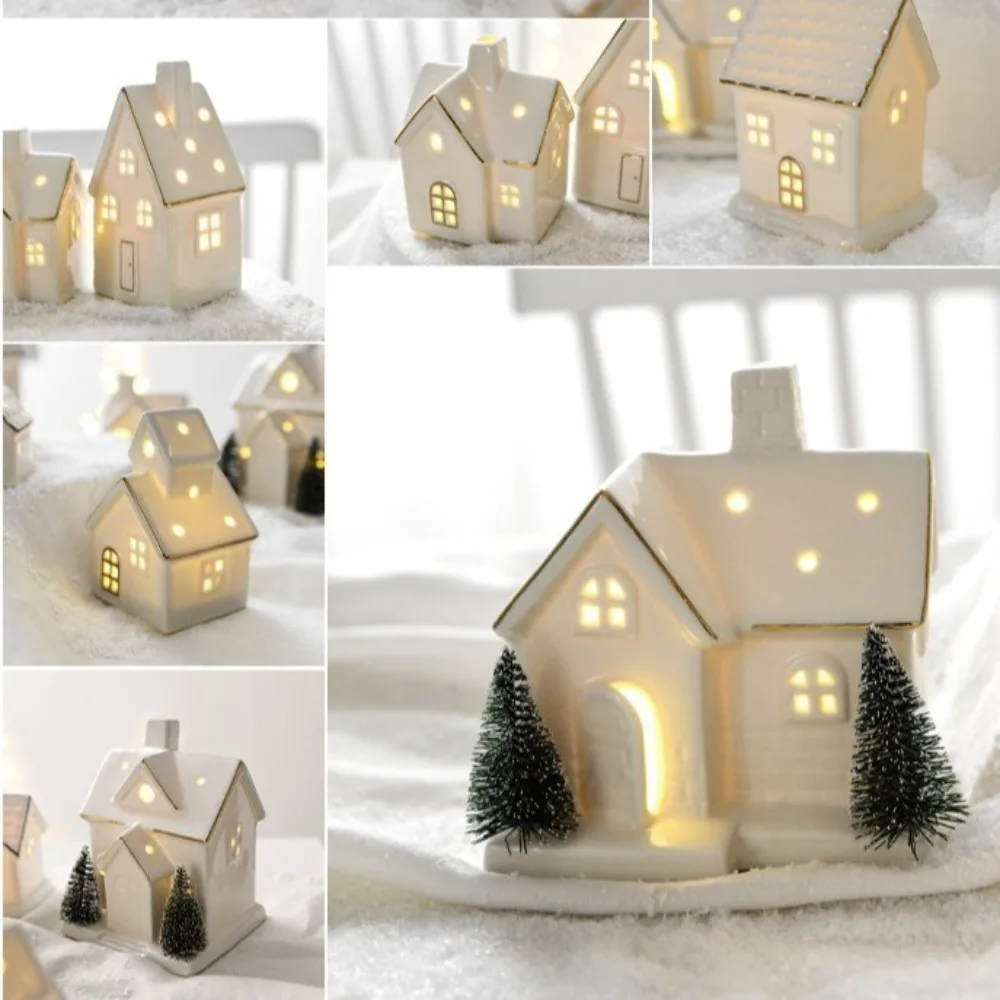 LED Light Up Christmas Village Houses Ceramic with Christmas Trees Porcelain Village House White Tabletop Ornaments Winter Decor