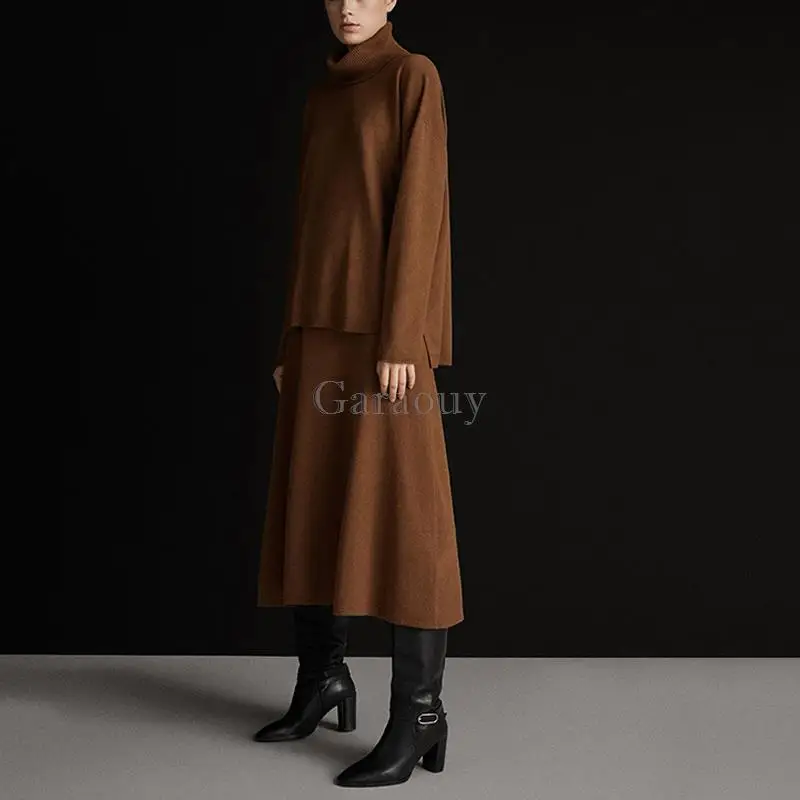 Garaouy 2022 Autumn Winter Women Solid Turtleneck Pullover Loose Sweater + High Waist Midi Skirt Female Knit Jumper Tops Bottoms