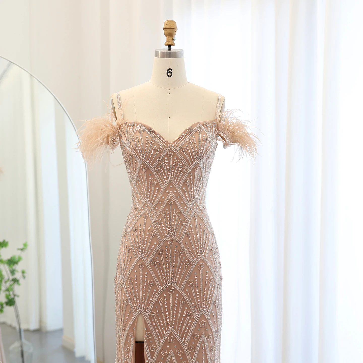 شارون سعيد الأزرق حورية البحر الفاخرة الريش فساتين السهرة حفل زفاف الشمبانيا مطرز طويل حفلة موسيقية فساتين رسمية SS179 مخصصة