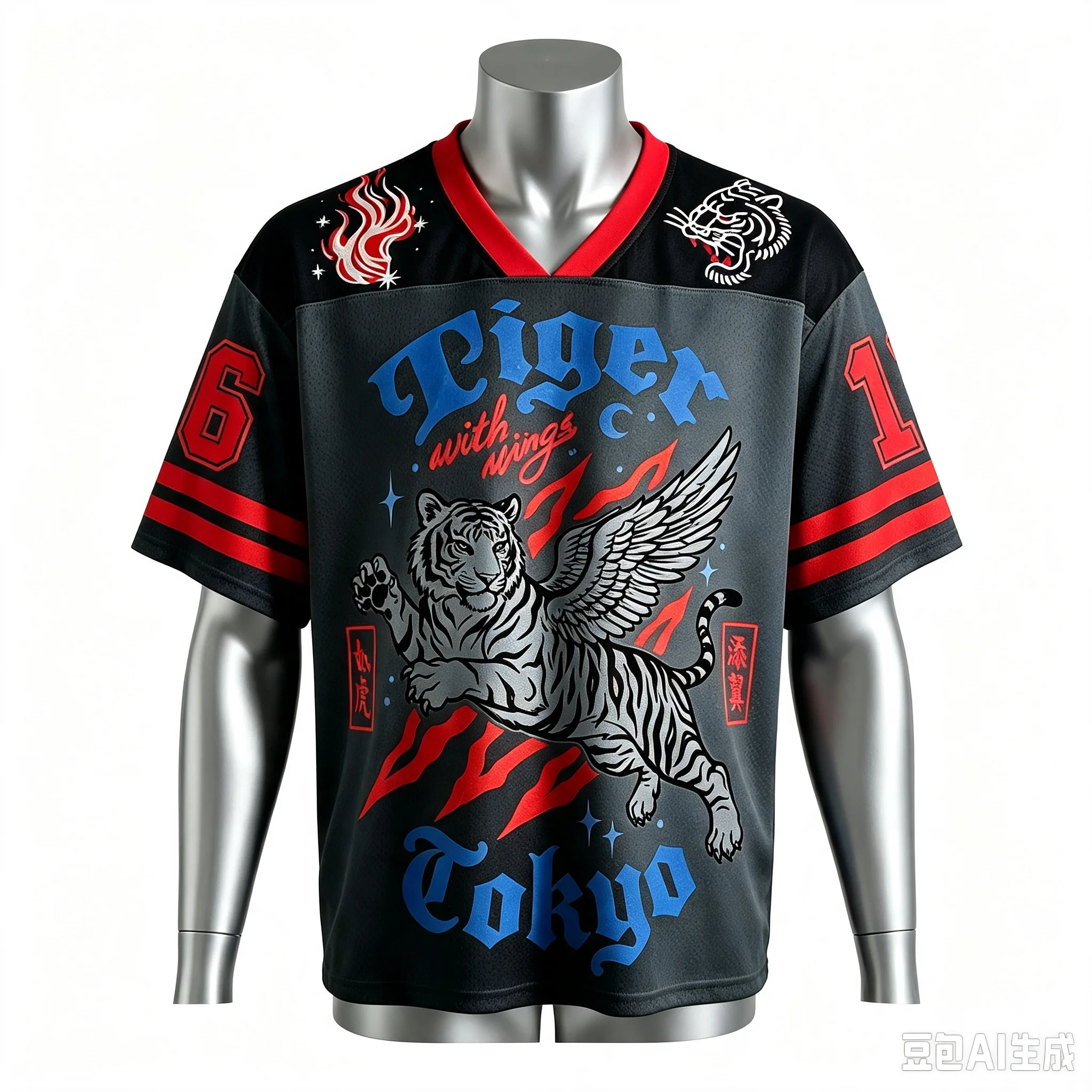 Family Replica Sport Jersey, Blue‑White V‑Neck Short‑Sleeve Mesh Top, Winged Tiger Graphic Print, Breathable Polyester