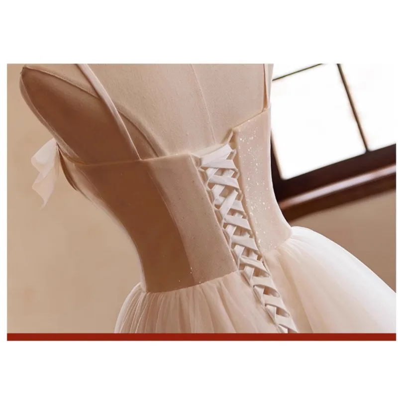 فساتين زفاف الأميرة الفرنسية الرجعية بسيطة الشمبانيا زهرة الدانتيل السباغيتي حزام حزب اللباس الدانتيل يصل فستان سهرة مخصص