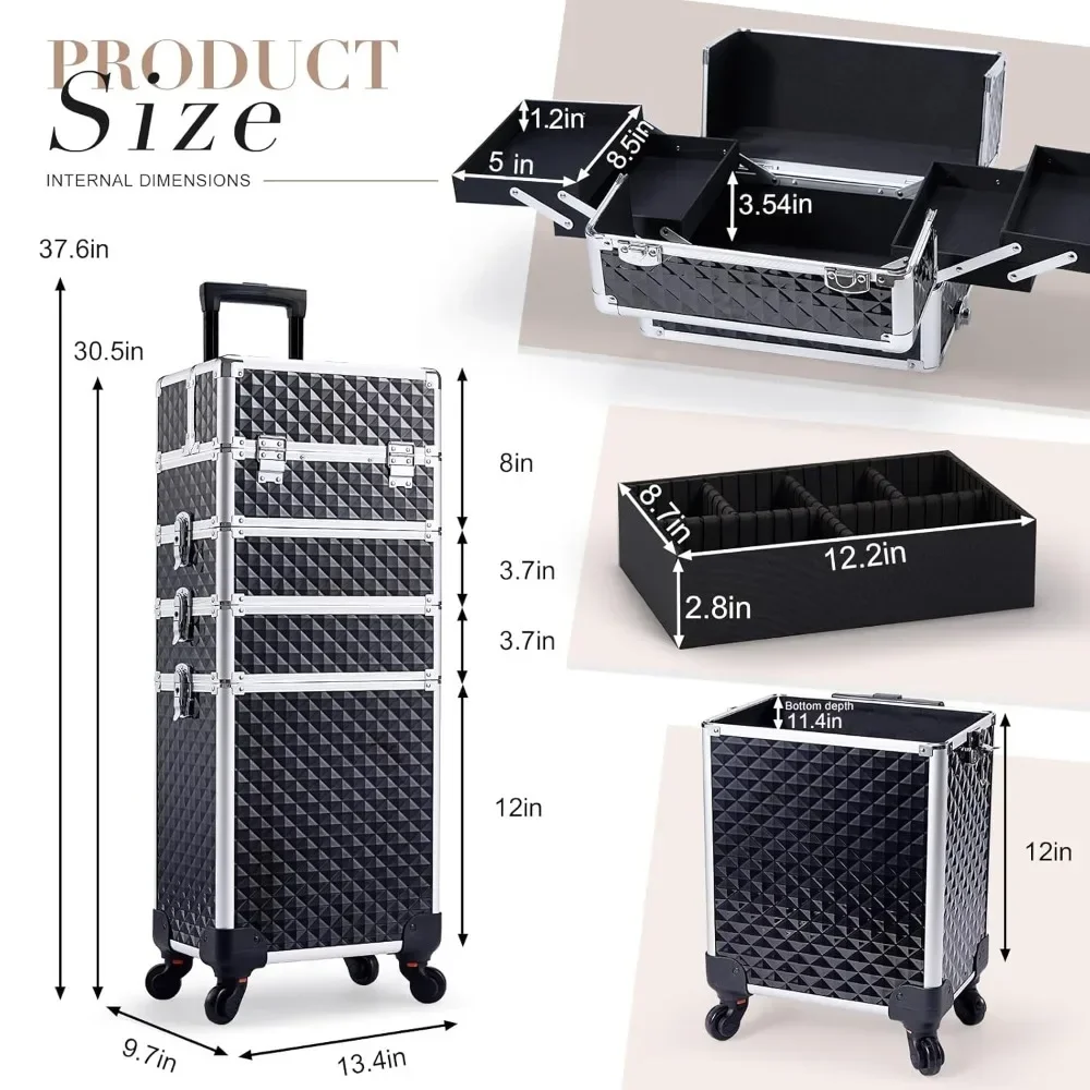 Rolling Makeup Train Case Large Storage Cosmetic Trolley with Key Swivel Wheels 4 in 1 Large Capacity Trolley Makeup Travel Case