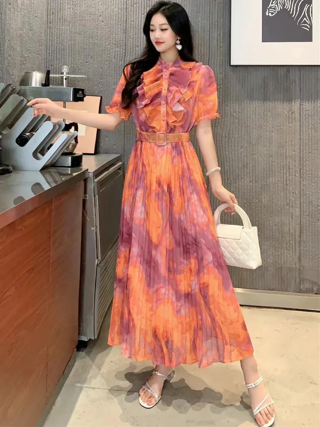 2024 New Summer Women O-Neck Short Sleeve Belt Slim Long Dress Fashion Tie Dye Sweet Ruffles Pleated Big Hem Chiffon Dress