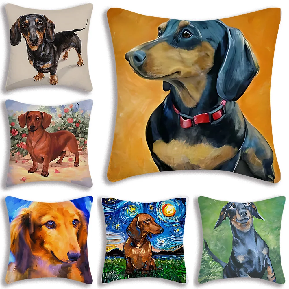 Oil Painting Dachshund Dog Pillow Covers Cartoon Sofa Decorative Home Double-sided Printing Short Plush Cute Cushion Cover