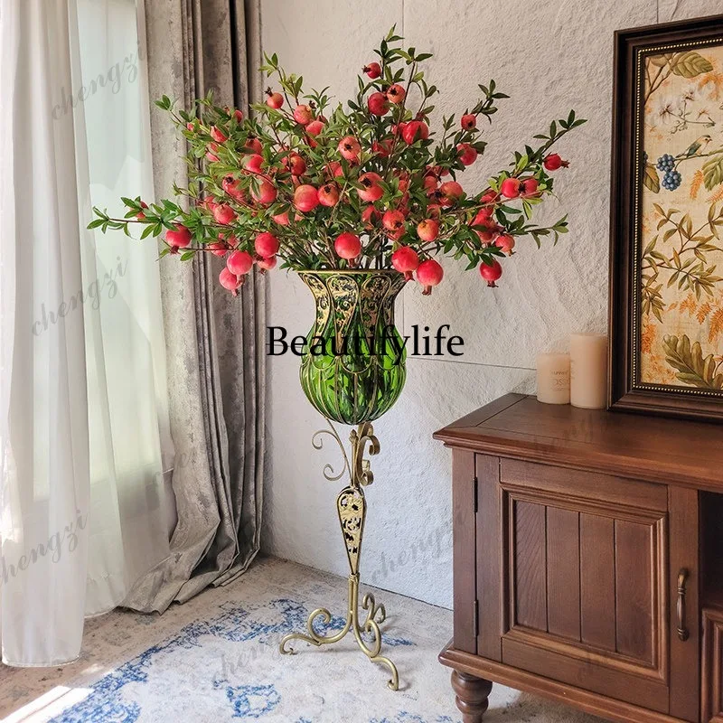 A95 new Chinese-style living room floor-to-ceiling glass vase wrought iron festive red simulated flower