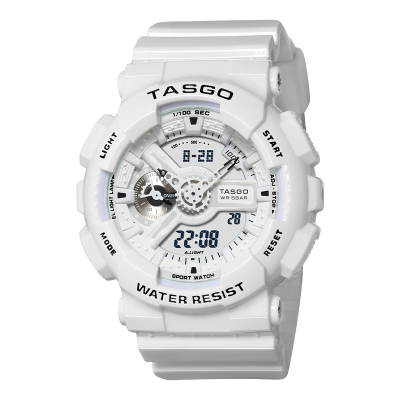 TASGO T100 Quartz Digital Sports Men\'s Watch 50MM Large Dial LED Auto Lift Lamp Full Function World Time Oak