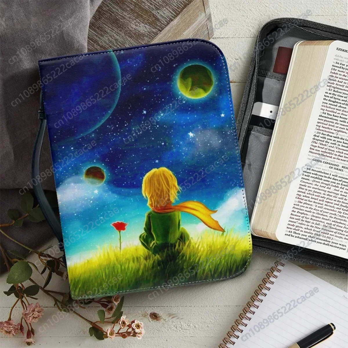 

Little Prince Movie Handle Handbags for Girls Boys PU Leather Zippered Bible Cover Case Women's Study Book Holy Storage Boxes