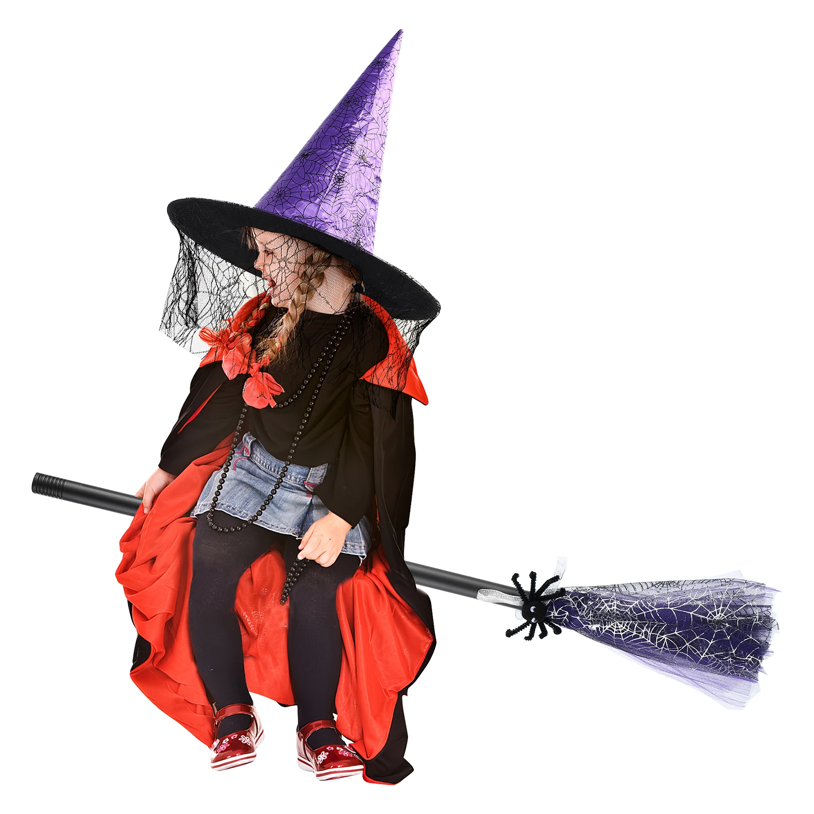 

Purple Double-joint Halloween Witch Hats Hat Mesh Cap Kids Adult Party Favors Halloween Witch Broom Decorations DIY