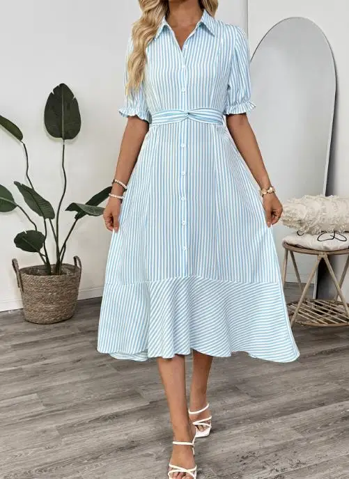 

2025 Summer Women, Elegant Slim Fit Button A-Line Casual Dress Bubble Sleeve Dating Commuting Style Shirt Collar Striped Dress
