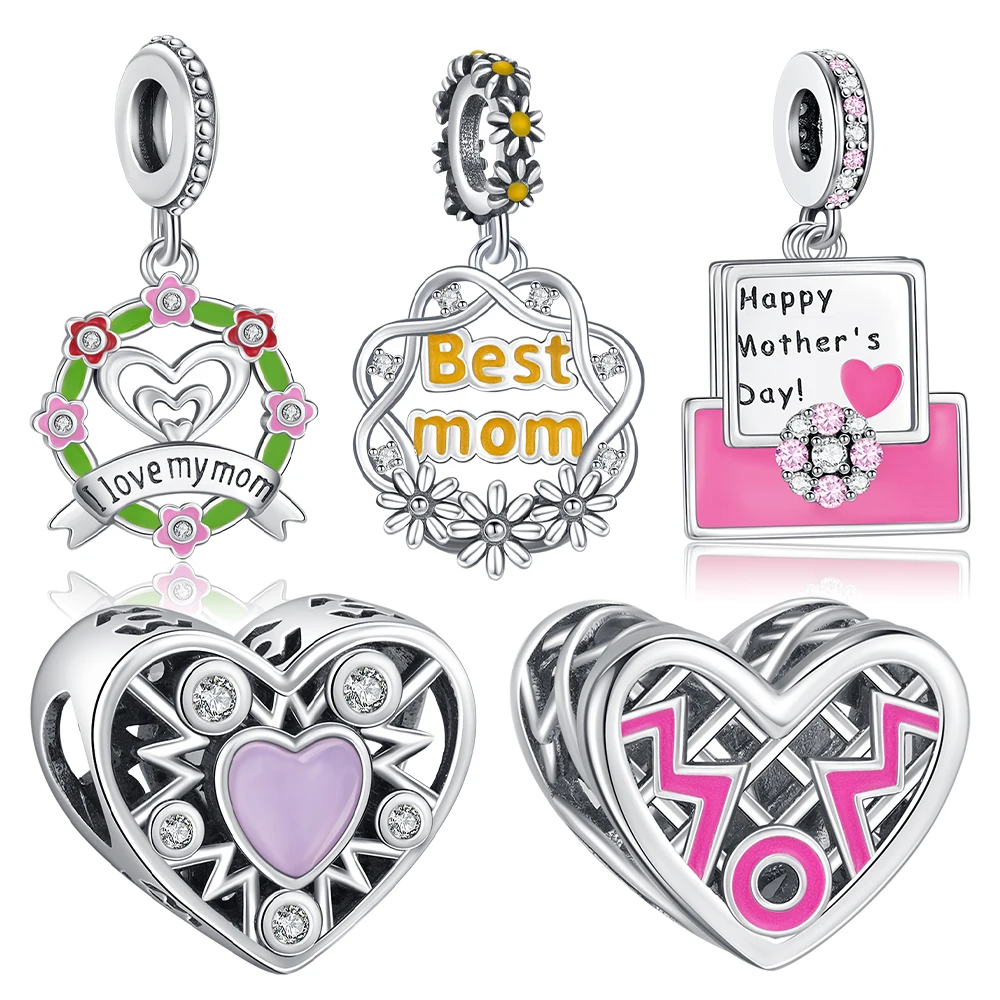 925 Sterling Silber Charm „Best Mom“ Gänseblümchen & Herz Anhänger für Armbänder Damen Modeschmuck Muttertagsgeschenke