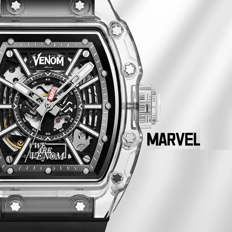 Marvel For Mens Watch Venom The Avengers Automatic Mechanical Wristwatch Bio Tonneau Transparent Case Luminous Hands Waterproof