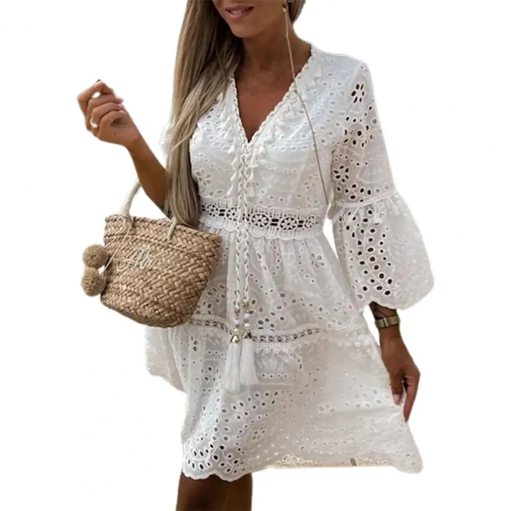 

Elegant Women White Midi Summer Dress Lace Patchwork Hollow Short Sleeve Fashion V-neck Party Dresses For Women New