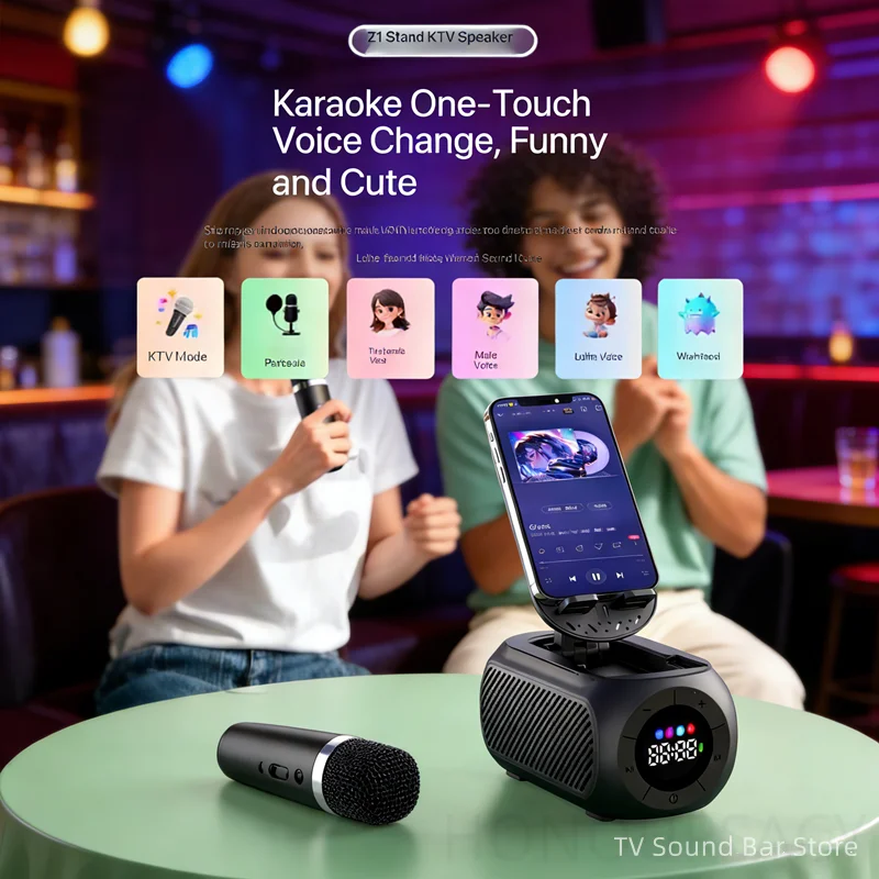 

Портативная колонка HIFI Stereo Karaoke Bluetooth 5.3 с 2 микрофонами, глубоким басом, цифровым экраном и функцией будильника