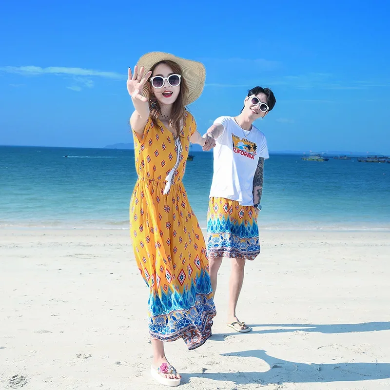 Holiday Vacation Area Couple Look Family Matching Clothes Mom and Daughter Resort Dresses Dad and Son Beach Two Piece Outfit Set