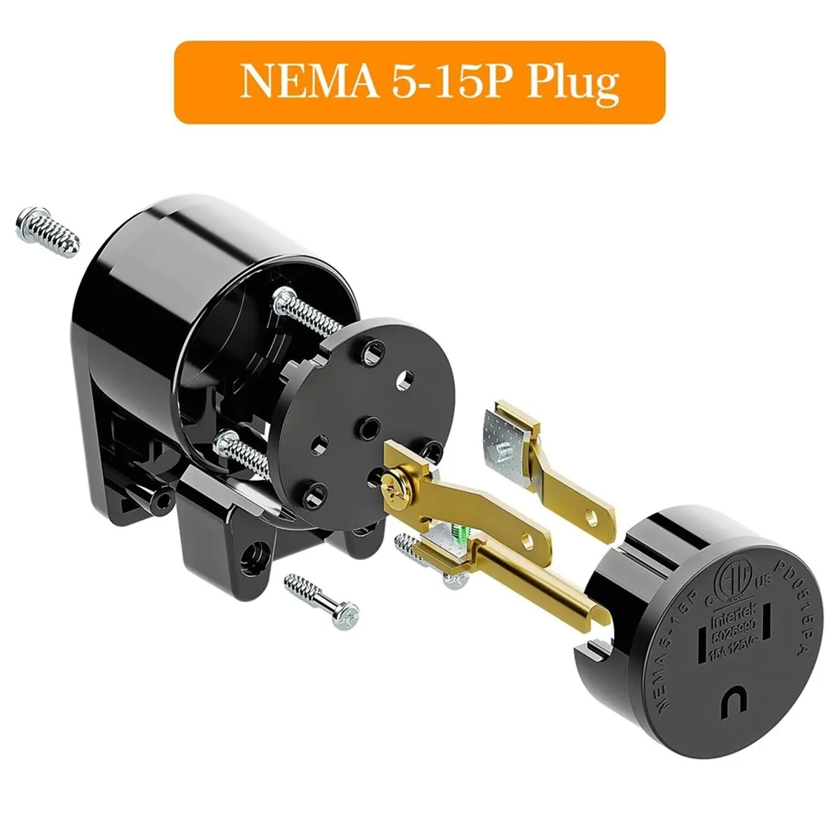 HITL Suitable for NEMA 5-15P 90 Degree Right Angle Plug, 15A 125V Rewirable American 3-Pin Adjustable AC Plug, Black US Plug