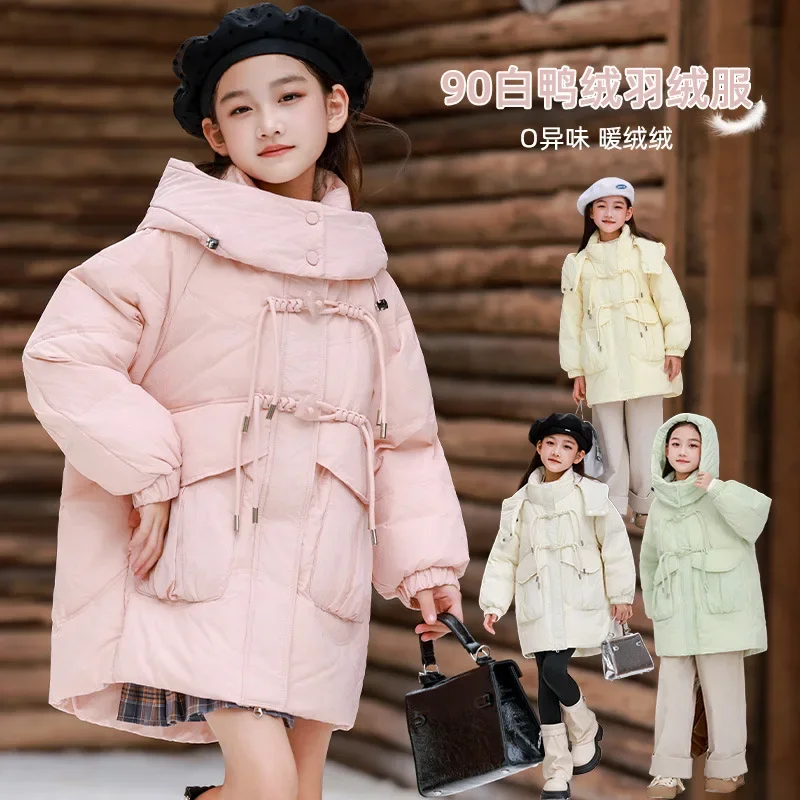 

Girls Kids Long Loose Thickened Duck Downjacket Yellow Green Pink Children Coat Teenagers Hooded Padded Jacket Clothes Winter