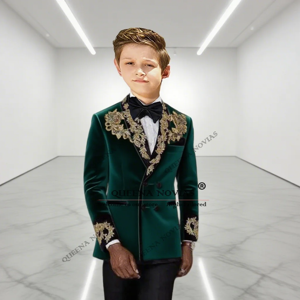 Abito da sposa per bambino da ragazzo su misura 2 pezzi con applicazioni dorate Giacca in velluto Pantaloni Smoking per bambini Giacca doppiopetto slim fit