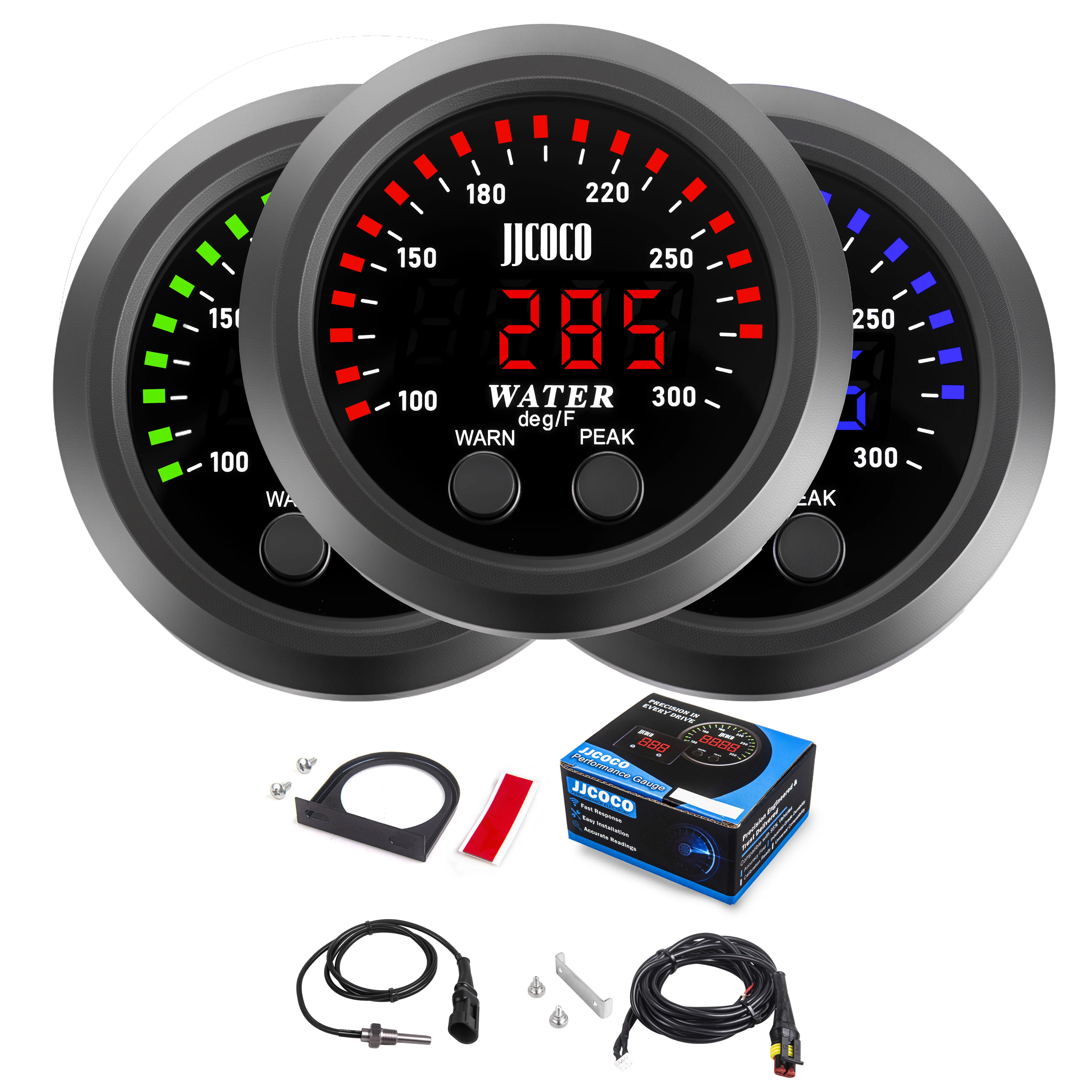 

52mm Digital 100~300 Fahrenheit Electronic Water Temp Gauge Ultra-Thin With Water Temperature Sensor Red/Blue/Green With Bracket