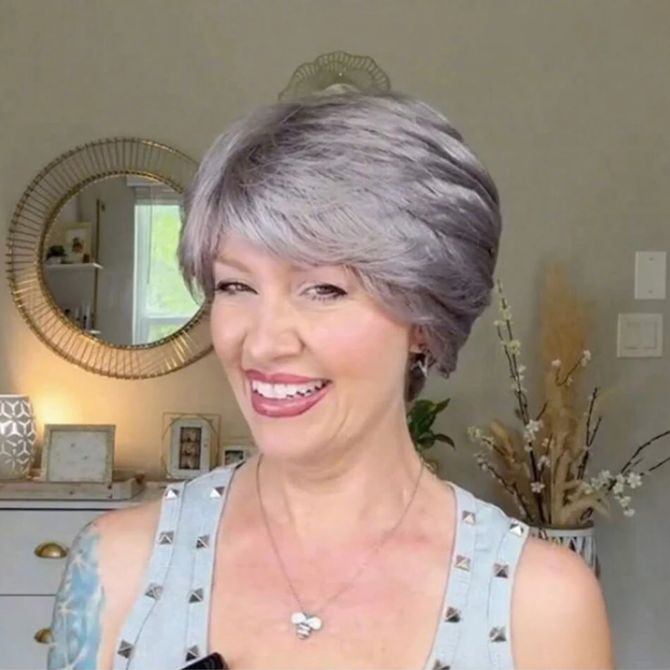 

Серый Короткий Парик Стрижки Пикси Бразильские Человеческие Волосы Нет Парик Фронта Шнурка Боб Короткий Прямой Многослойный Полный Парик Машинного С Челкой