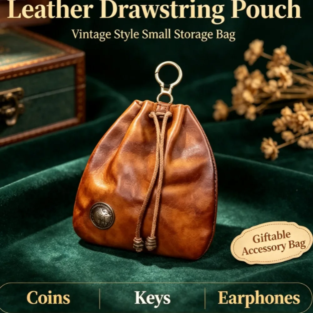 Compact Vintage Drawstring Pouch Retro Key Wallet Coin Change Purse with Keychain, Medieval Style Jewelry Storage Bag