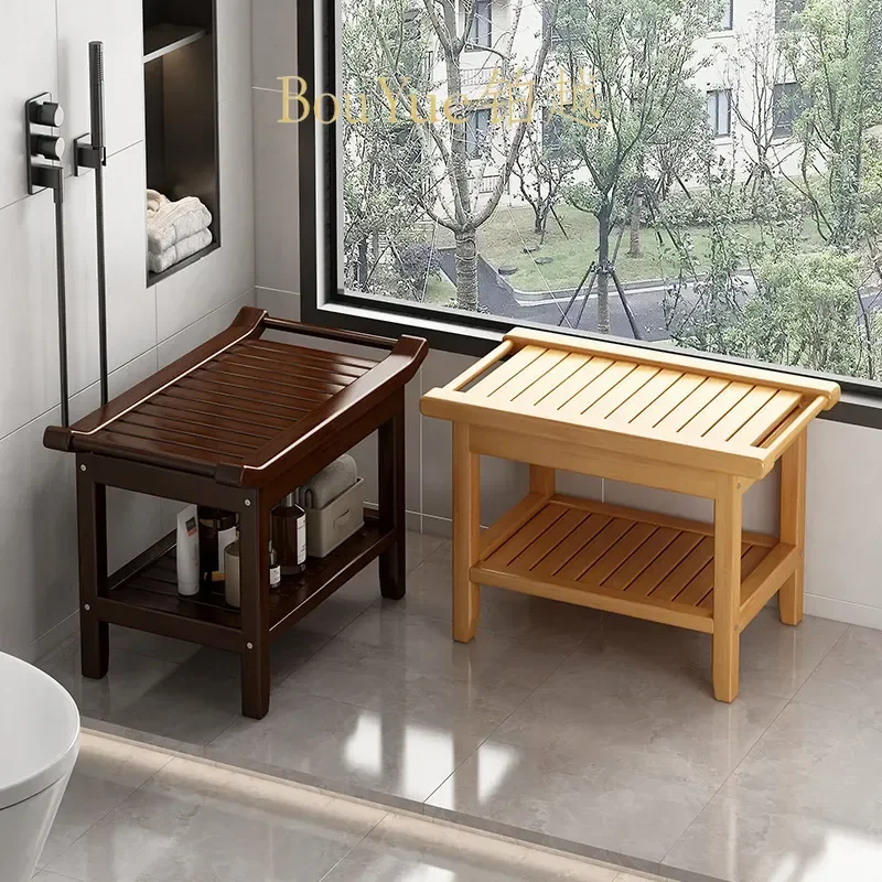 Non Slip Bamboo Bathroom Stool Multifunctional Low Seat for Elderly Pregnant Women Bath Shower Shoe Changing Bench Household