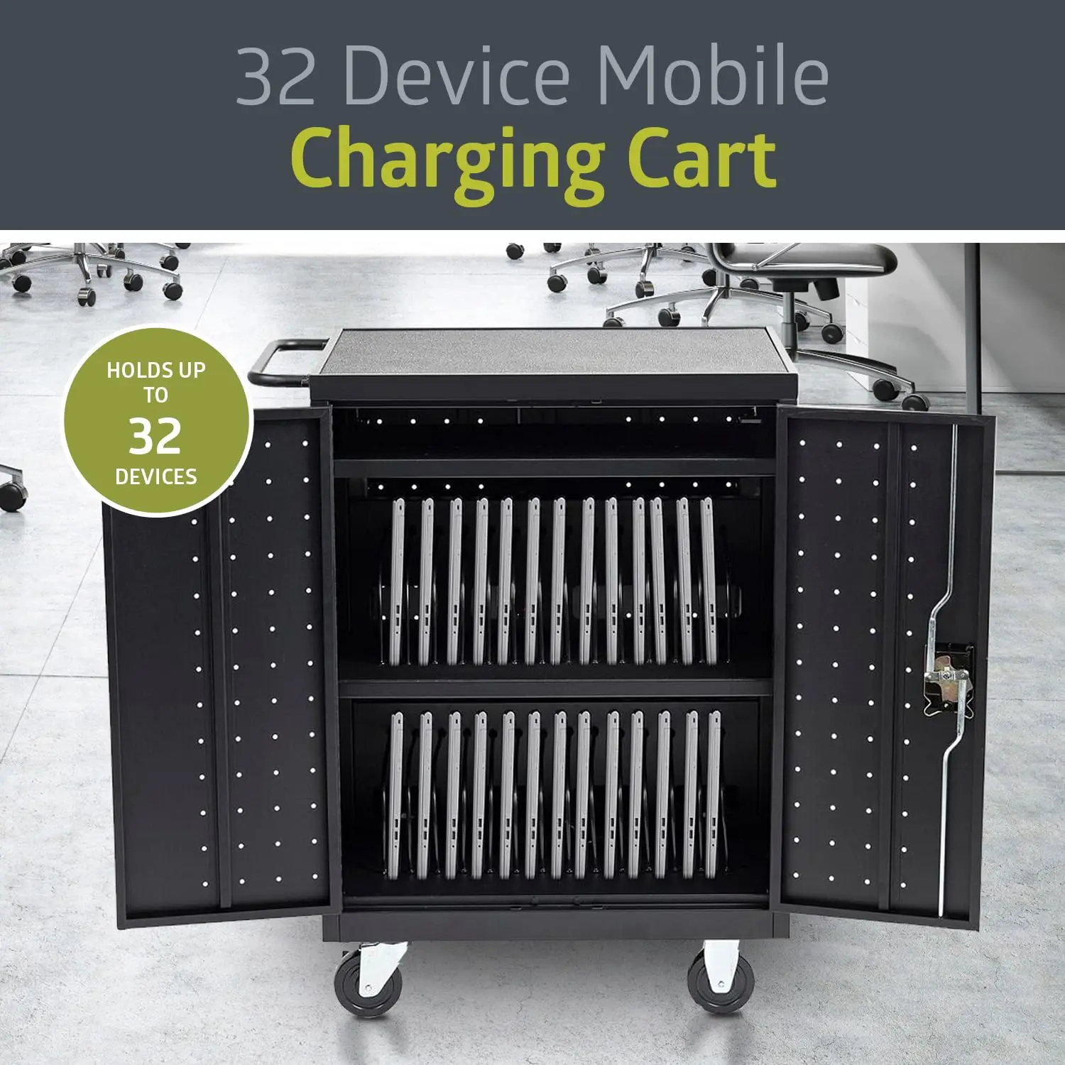Chariot de chargement et de stockage mobile Pearington 32 appareils pour iPad, Chromebook et ordinateurs portables, taille d'écran jusqu'à 13 pouces, Su