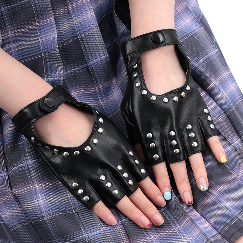 

Black Gothic Rivets Fingerless Gloves Semi-Fingers Breathable Driving Men Women Pu Leather Punk Gloves Halloween Dance Gloves