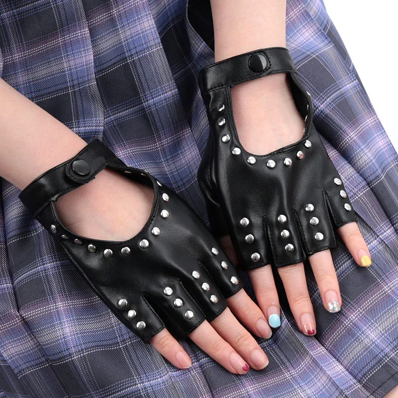 Black Gothic Rivets Fingerless Gloves Semi-Fingers Breathable Driving Men Women Pu Leather Punk Gloves Halloween Dance Gloves