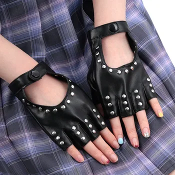 Gants gothiques noirs sans doigts, demi-doigts, respirants, pour la conduite, pour hommes et femmes, en cuir Pu, Punk, gants de danse d'halloween