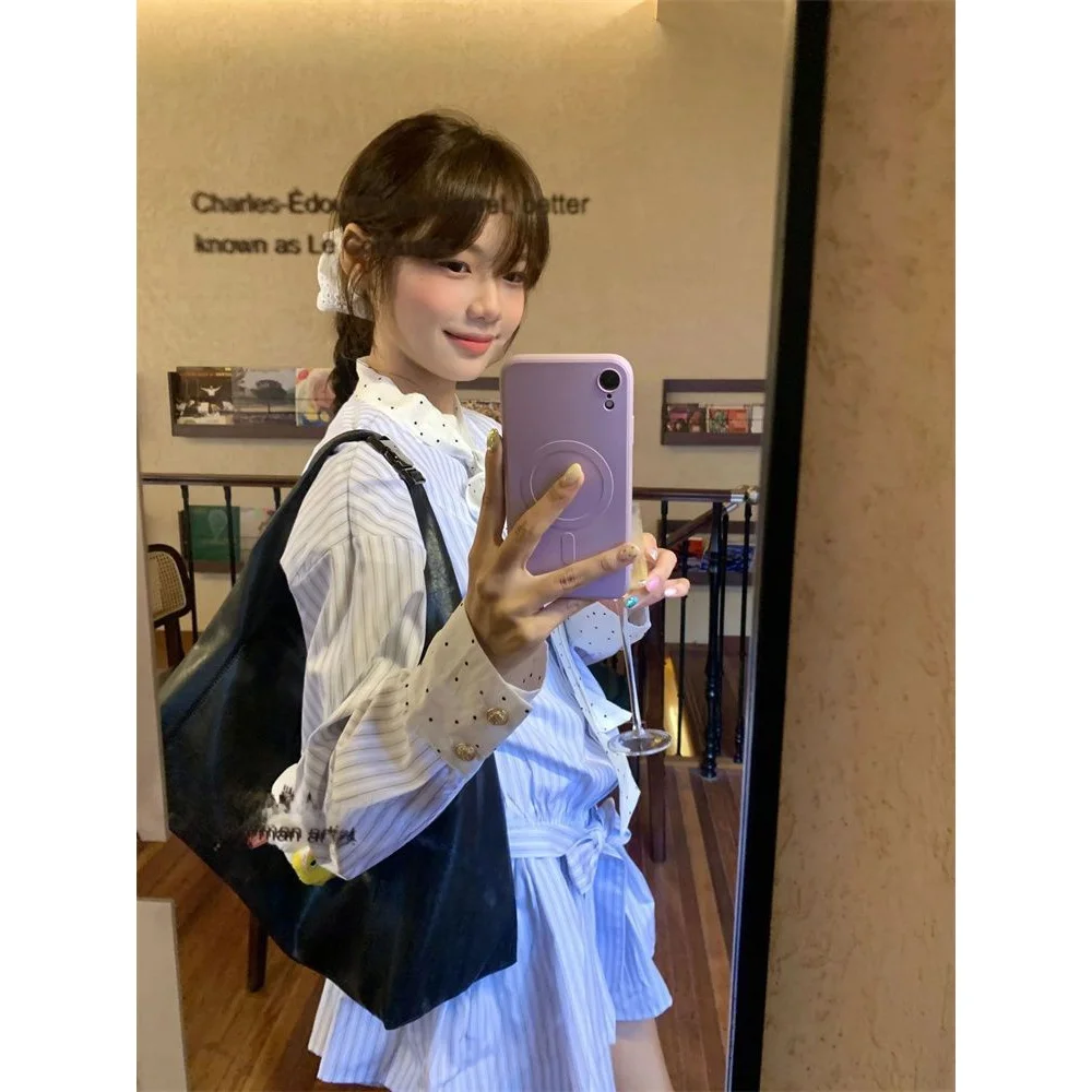 ชุดเดรสแขนยาวลายทางสไตล์เกาหลี - Korean Style A Line Shirt Dress บทวิจารณ์และราคา