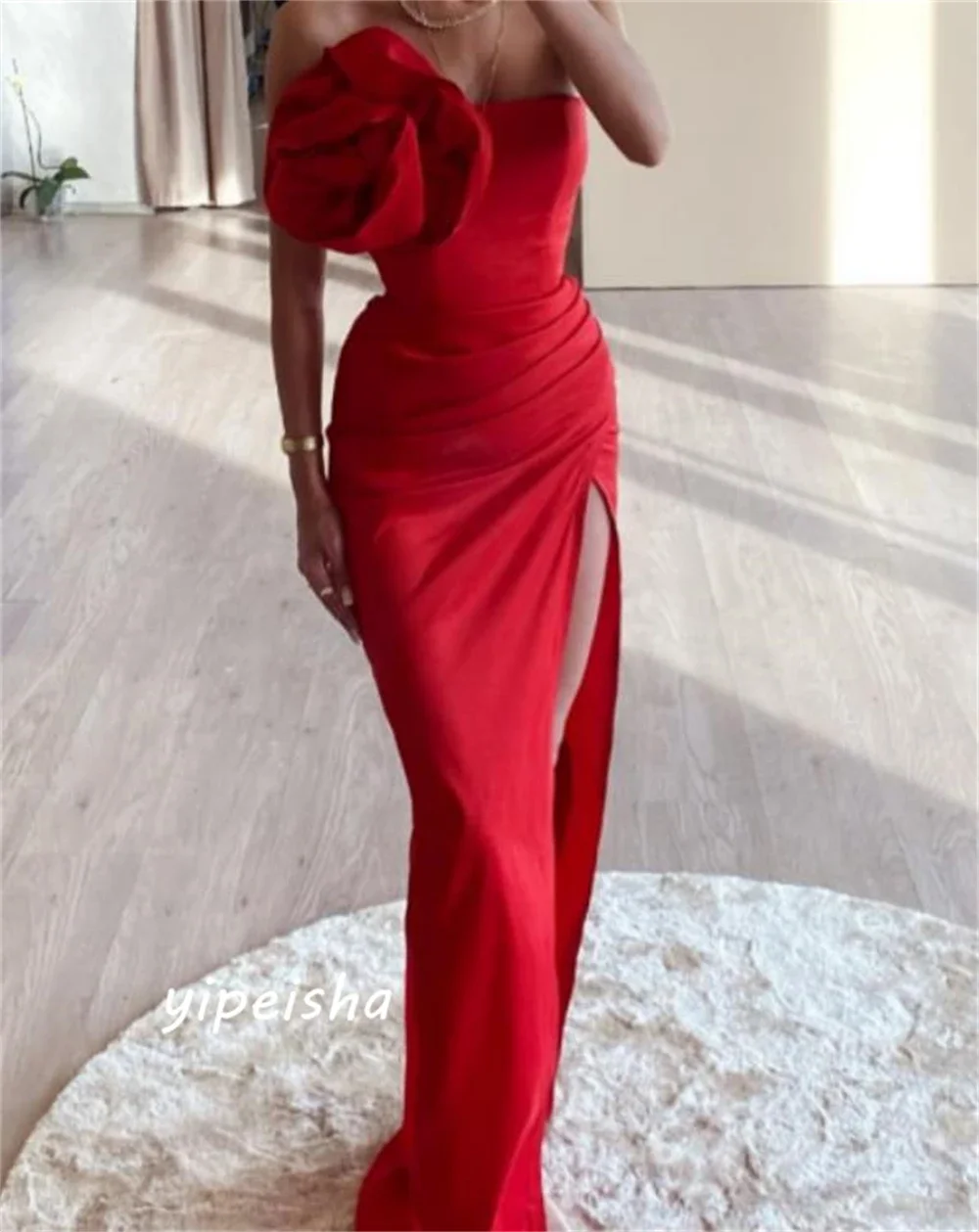 Prom Dress Sexy High Quality Strapless Sheath Celebrity Dress Flower Hugging Shirred Floor Length Skirts Evening فساتين سهره