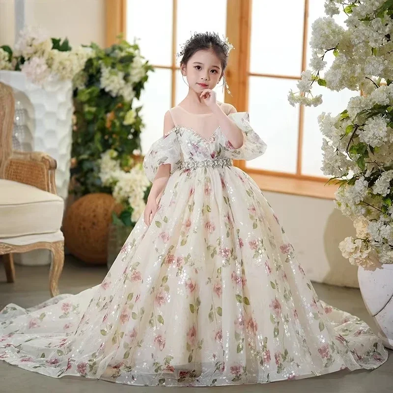 Flower Girl Floral Long Dress Vintage Children Dresses Ball Gown for Wedding Party Formal Kids Prom Clothes Evening Bridesmade