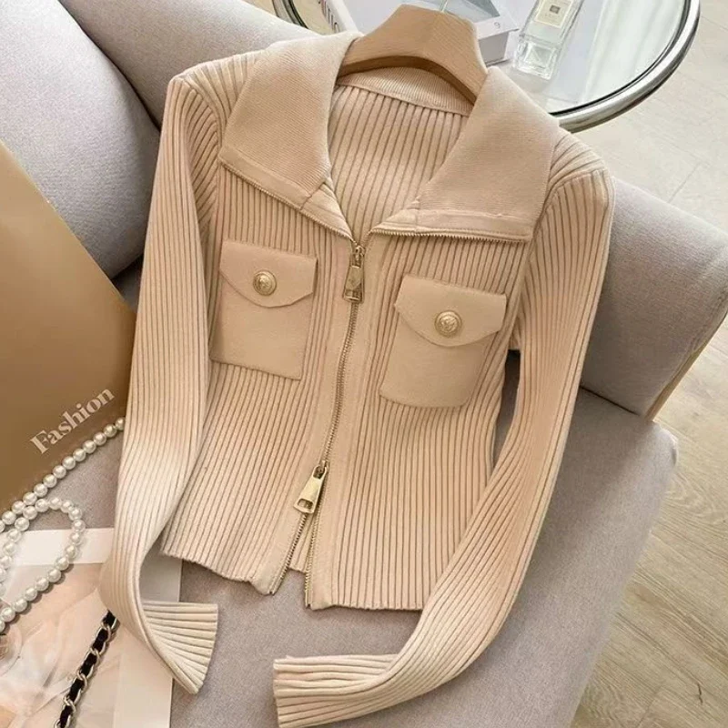 

Винтажный женский длинный свитер Све, вязаный кардиган с золотыми пуговицами и лацканами на молнии, осень-зима 2022, прямая универсальная куртка