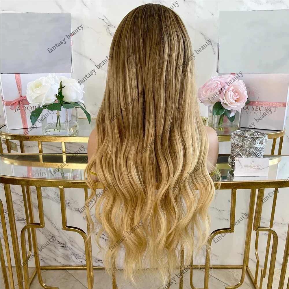 Ombre golden asch blond v Teil 100% Echthaar Perücken 250% Dichte braune Seite/mittlere u Form Teil Perücke leimlos jungfräuliche Körper welle