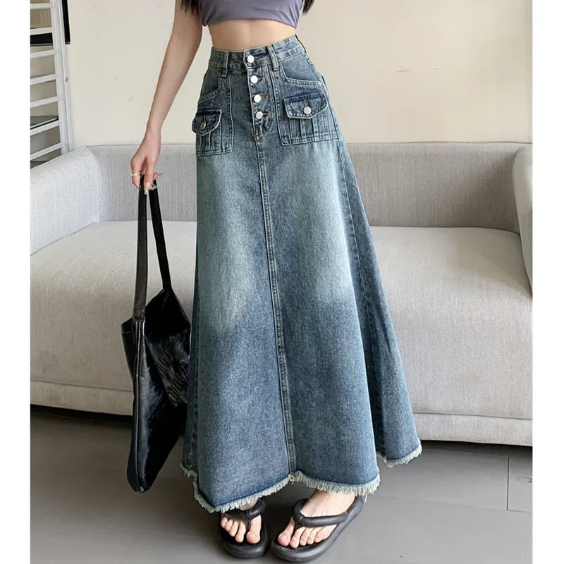 A-line Draped Tummy Control Denim Midi Skirt, High-waisted Slim Fit with Unique Pockets