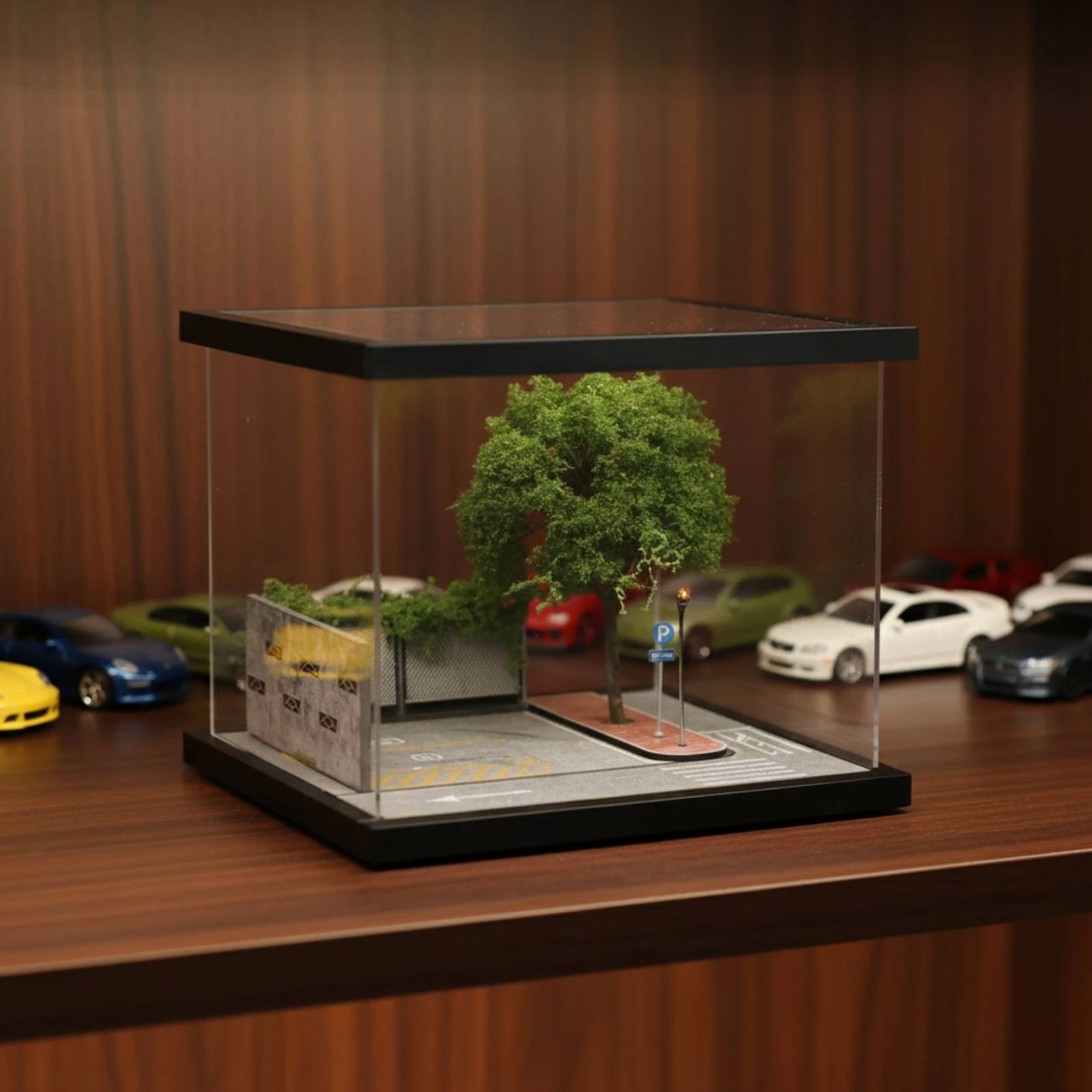 Street Diorama with Light Realistic Miniature Roadway Setting with Cover Display Case with LED Lights Transparent