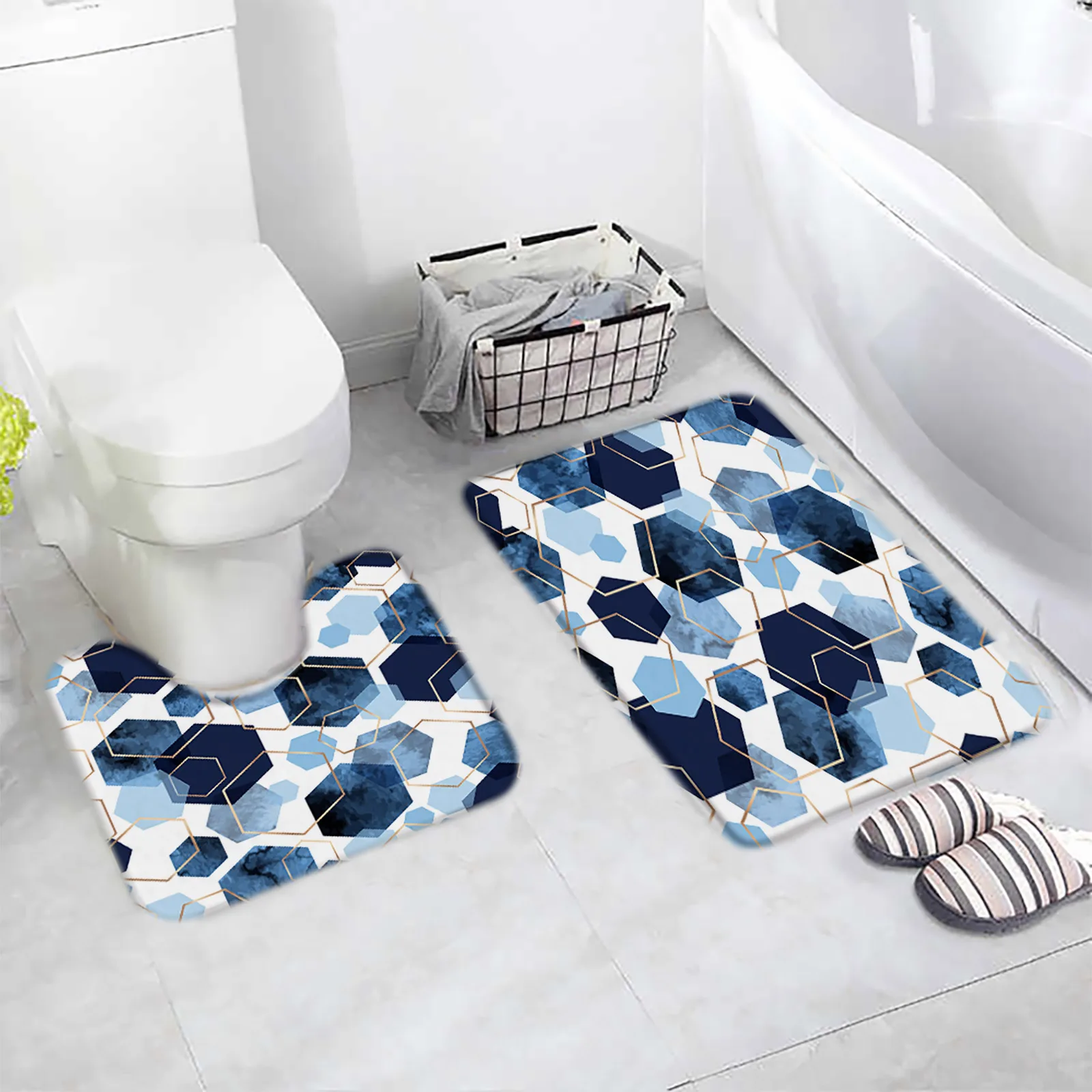 Creative Geometric Bath Mat Set Blue Hexagonal Gold Line Modern Art Home Floor Carpet Bathroom Decor Non-Slip Rugs U Shape Mats