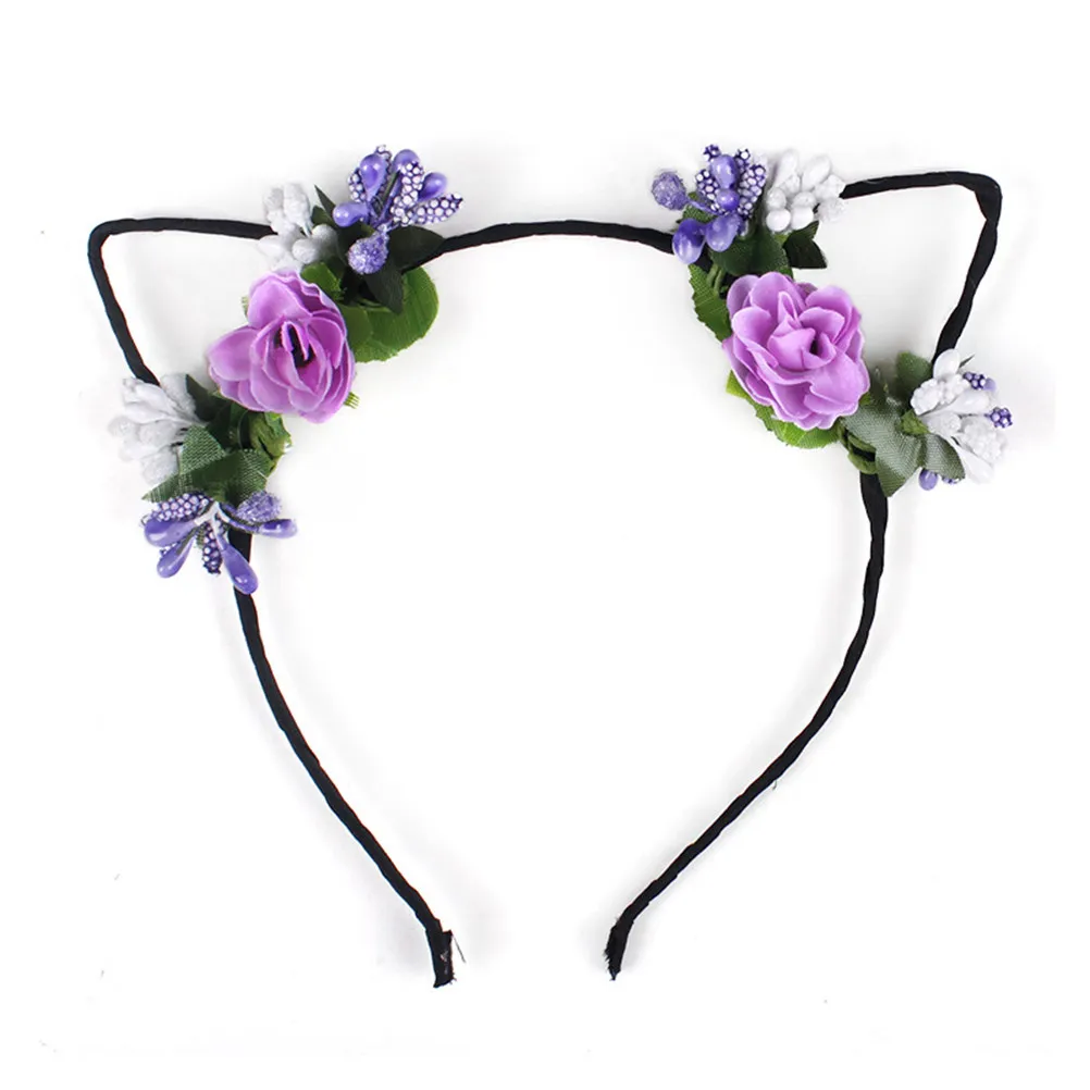 4Pcs Cat Ears Headband Cloth Flower Berry Ornament One Size Fits Most for Costume Party Holiday Masquerade Headband