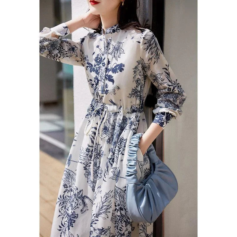 

Spring Autumn Women's Elegant Fashion Vintage Floral Printing Dress Female Long Sleeve Waist Lace Up Casual Vestidos Ladies Robe